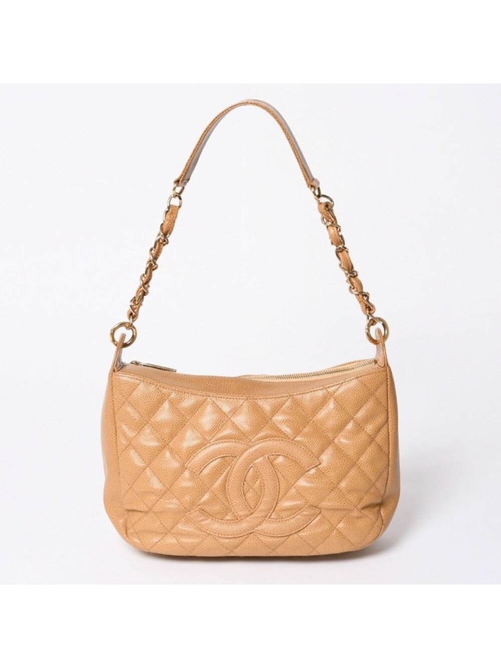 Chanel Chain Bag CC Logo Patch Caviar Leather Beige Gold